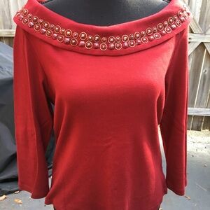 Rafaela Dark Red Cotton Pullover Boatneck 3/4 Sleeves Sweater Sz P/S